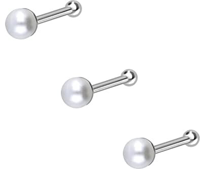PIERCINGLINE 3er SET 925er STERLING SILBER Nasenpiercing SYNTH. PERLE Piercing Nase Stecker