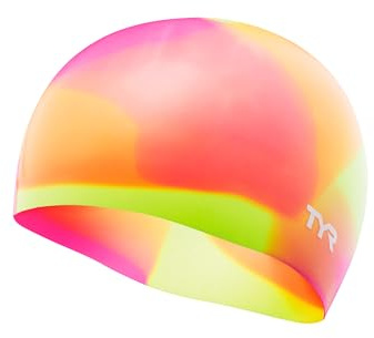 TYR Junior Tie Dye Swim Cap - Kids Durable Silicone Training Pool Headwear, Pink/Yellow/Orange