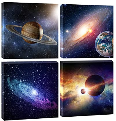 Wieco Art Canvas Prints Wall Art Modern 4 Piece Universal Magic Power Paintings for Bedroom Home Decorations Stretched and Framed Star Sky Pictures Astronomy Landscape Artwork