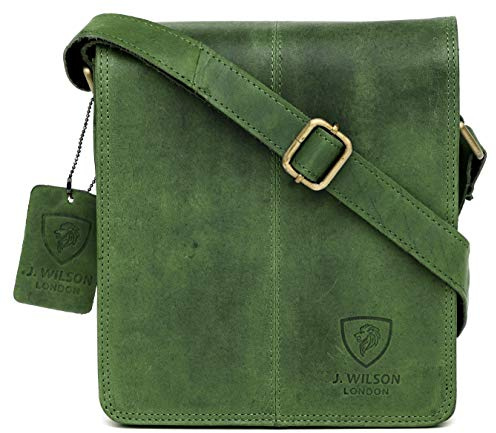 J. Wilson London 100% Pure Genuine Real Vintage Hunter Leather Handmade Mens Leather Flapover Everyday Crossover Shoulder Work Tablet Messenger Bag (Distressed Green)