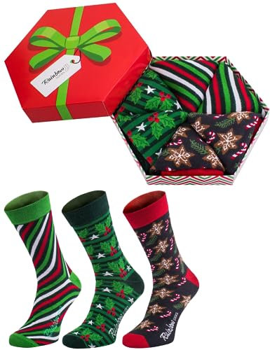 Rainbow Socks - Damen Herren Weihnachten Socken Box für Geschenk - 3 Paar - Lebkuchensternen Stechpalme Streifen - Größen 41-46