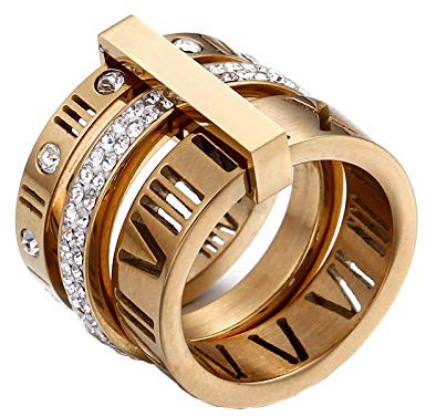 PAMTIER Damen Römische Ziffern 3 in 1 Ring aus Edelstahl mit Zirkonia Gold Größe 52 (16.6)