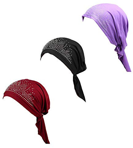 Qovelly vorgebundenes Chemo-Kopftuch, 3er-Pack, Beanie-Schädel-Abdeckkappe für Frauen, Set, 6-langer Stil, C3-mittlerer Riemen, 3er-Pack, Einheitsgröße