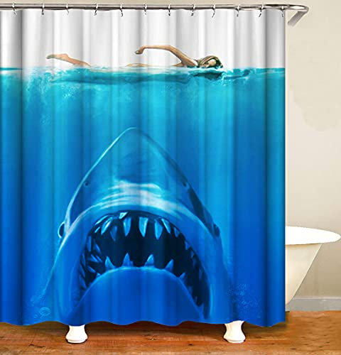 Fullfun Duschvorhang mit Meeresmotiv, 180 x 200 cm, Meeresmotiv, Haifischwal, Duschvorhang mit Haken, wasserdicht und schimmelresistent, Badezimmer-Dekoration, Hai (Hai, 180 x 200 cm)