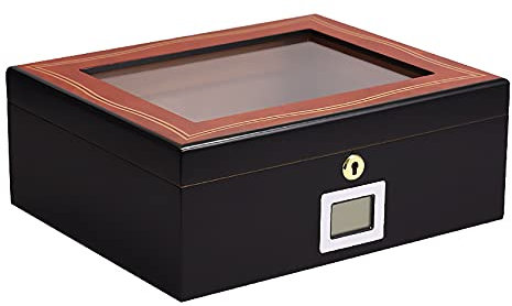 ADFHZB GlassTop Zigarren Humidor Halten 15 Zigarren Spanische Zedernholz Box mit Luftbefeuchter und digitalem Hygrometer Divider Zigarre Geschenkset für den Mann (Color : Black)