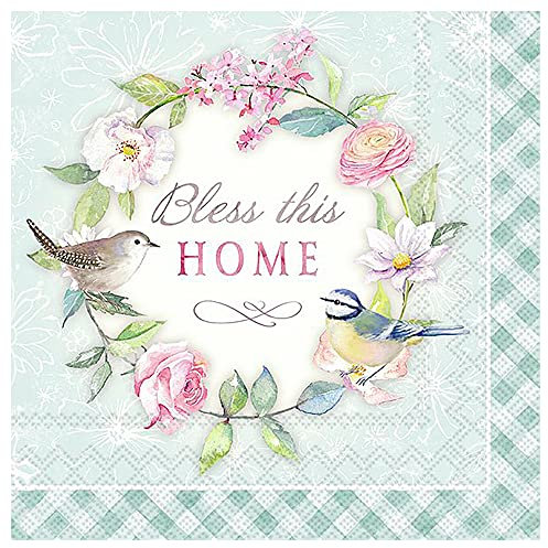 Boston International IHR 3-lagige Papierservietten, 20 Stück, Lunch-Größe, Bless This Home, Türkis