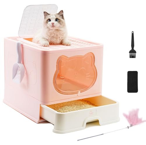HelloMiao Vollständig Geschlossene Katzentoilette mit Deckel Schubladentyp Desodorierende Cat Litter Box Gross Faltbare Katzen klo mit Haustier-Kunststoffschaufel Geeignet (Hell-Pink)