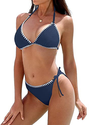 Charmo Women Two Piece Bikini Swimsuit Bathing Suits Halter Triangle Tops String Bikini Sets Blue S
