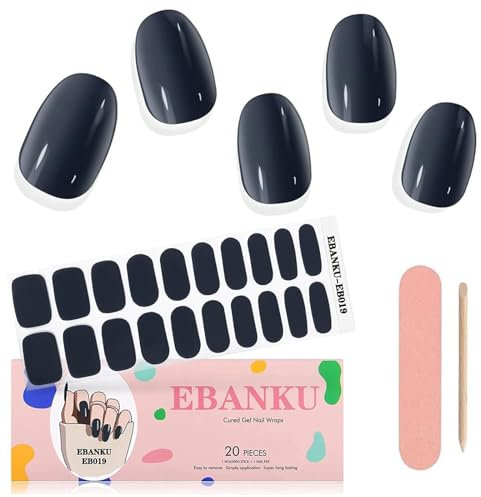 EBANKU 20PCS Navy Blue Gel Nail Strips - Long Lasting UV Stickers With Nail File & Wooden Stick for Women Manicure