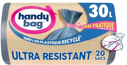Handy Bag Sacs poubelle à liens pratique Ultra Résistant & Fond anti-fuite, 100% plastique recyclé, 1 rouleau de 20 sacs poubelle 30L