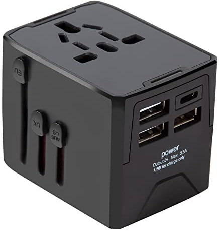 GUNGY Adaptador Enchufe Universal Adaptador de Viaje con 3 USB 1 Tipo-C Puertos y Enchufe de AC Adaptador Internacional para EU UK USA AUS Acerca 150 Países Negro