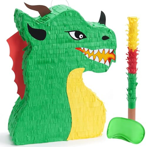 WERNNSAI Drachen Pinata – Drachen Geburtstags Piñata Deko Junge Kindergeburtstag Drache Pinata mit Augenbinde Stock Dino Geburtstagsparty Dekorationen Partyspiel Zubehör Karnevalsdekorationen