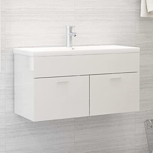 Chusui Mobile Bagno con Lavabo Integrato Bianco Lucido in Truciolato E,Mobile Bagno,Mobiletto per Lavandino Bagno,Mobile Bagno con Lavabo Integrato