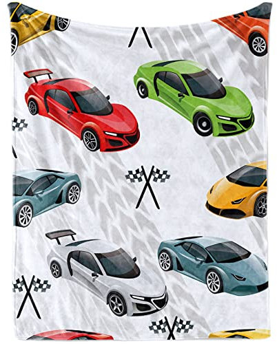 Rennauto Babydecke für Jungen, Weich Flauschig Rennen Auto Motiv Neugeboren Flanell Decke, Bunt Sportwagen Fahrzeuge Baby Kuscheldecke Wohndecke für Baby Kinder Geschenk Couch Sofa Deko, 80 x 120 cm