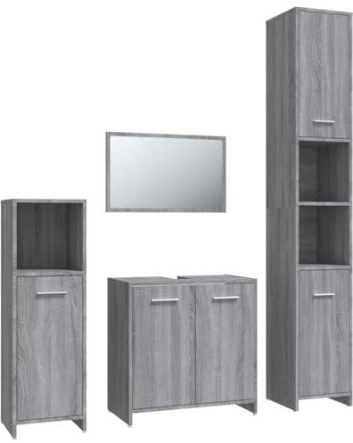 vidaXL Badmöbel Set 4 TLG., Badezimmermöbel mit Hochschrank Waschbeckenunterschrank Midischrank Badspiegel, Badschrank mit viel Stauraum, Waschtischschrank Badezimmermöbel, Grau Sonoma Holzwerkstoff