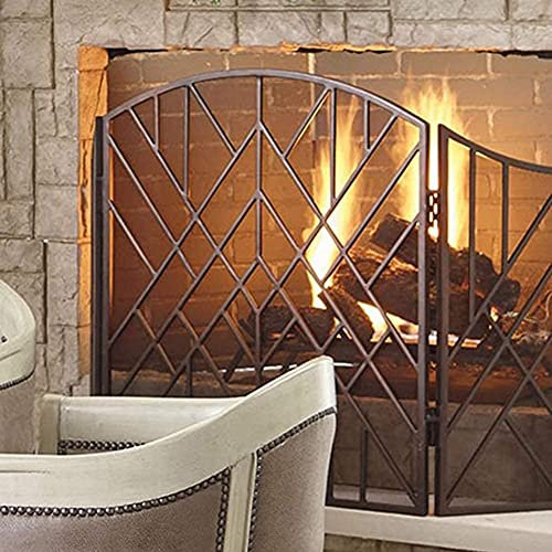 CAZARU Spark Protection 3-Panel-Klapp-Kaminschutz mit Netz- und geometrischem Musterdekor, Baby-Haustier-Sicherheits-Feuerschutzschutz für Kamin/Öfen/Grills, Schwarz