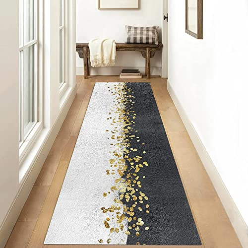 Siunwdiy Teppich läufer Flur Schwarz, Weiß und Gold rutschfest 70x160cm Küchenteppich Modern Abstrakt Waschbar Meterware Schlafzimmer Korridor Teppich Lang, 40/50/ 60/70/ 80/90/100/ Breit