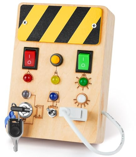 Aomig Montessori Busy Board Spielzeug, Activity Board Holzspielzeug mit 6 LED Lichtschalter, Motorikspielzeug, Activity Lernspielzeug, Sensorik Spielzeug für Babys und Kleinkinder ab 1 2 3 4 Jahre
