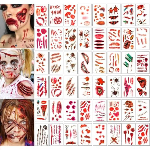 Halloween Temporaire Tatouages, 50 Feuilles Fausse Cicatrice Halloween, Tatouages Cicatrices Halloween Tatouage Zombie, Tatouage Halloween, Faux Blessure Tatouage Cosplay Vampire Zombie Autocollant