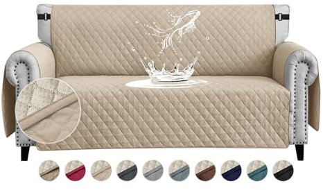 FIGOOO wasserdichte Sofabezug 2 Sitzer Dicke Sofaschoner Wasserdicht Reversible Gesteppte Sofa Überzug mit Seitentaschen Sofaüberwurf rutschfest Kratzfest für Haustiere Hunde Katzen,Beige