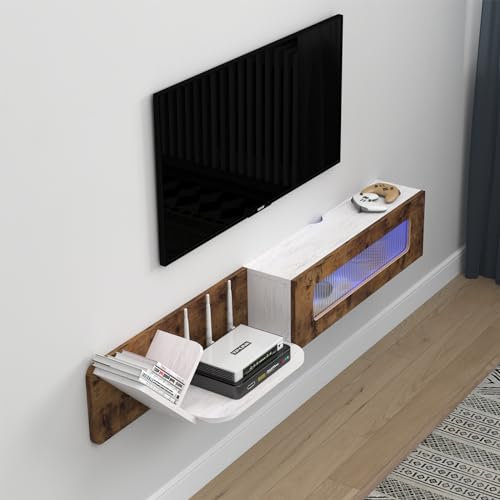Pmnianhua Rustic Floaing TV Stand with LED Lights,59'' Wall Mounted Media Console,Floating Entertainment Center,Floating Shelf with Glass Door and Storage for Under TV Projector