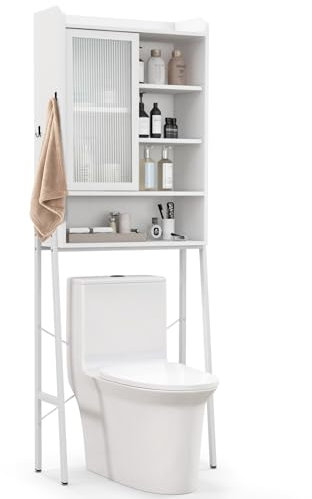 GOPLUS Armario para Inodoro, Armario para Cuarto de baño con Puerta corredera, Estantes y Ganchos Regulables,Armario sobre el Inodoro con Robusto armazón de Metal, 63 x 29 x 170 cm (Blanco)