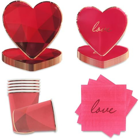 Dulousia Red Heart Shaped Party Supplies - Disposable Wedding Engagement Tableware Love Paper Plates Cups Napkins, Mother’s Day Tableware, Valentine’s Day, Bridal Shower, Birthday Party Decor 68pcs
