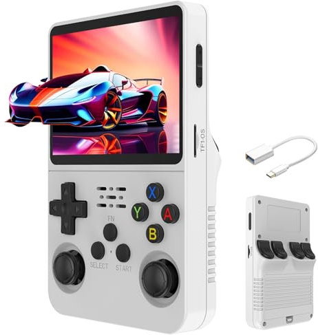 R36S Console de jeu vidéo rétro, écran IPS de 3,5, système Linux Open Source Linux intégré, plus de 15 000 jeux, carte TF 32 Go + 64 Go, blanc