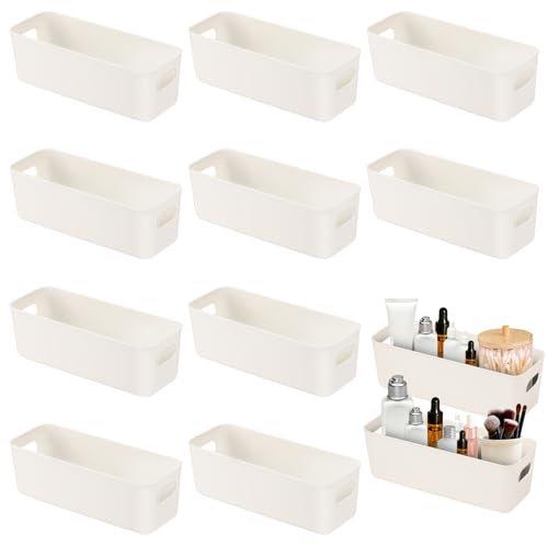 Dulov 10 Stück Aufbewahrungsbox Kunststoff mit Griffen - 28×9.5×8.5cm Weiße Organizer Box für Küchenschrank, Badezimmer, Regal, Schubladen - Kunststoffkörbe für Aufbewahrung