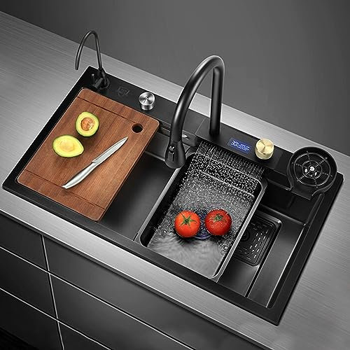 Lavelli da Cucina in Acciaio Inox Lavello Nero Lavello Lavello Lavello Multifunzionale 3 in 1 con Accessori e Rubinetto per lavello (Nero, 75x45CM)