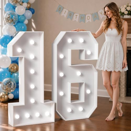 imprsv 4FT Light Up Numbers Large sweet 16th Birthday Decorations Anniversary Decorations Party Decor Neon Sign Foam Board Marquee Numbers 16 Balloon Arch Backdrop