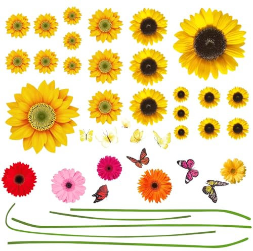 3 Sheets Bin Stickers for Wheelie Bins, Sunflower Stickers Self Adhesive Wheelie Bin Stickers Decorative, Colorful Flower and Butterfly Waterproof Stickers for Cars Wall, Door, Bin, Fridge
