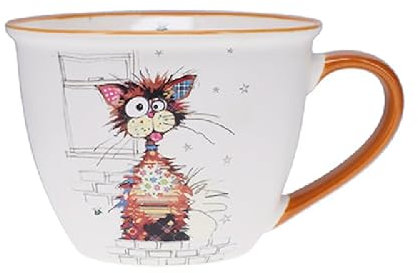 KIUB Bol timbale avec une anse - Motif grand chat marron stylisé nommé Ziggy- matière porcelaine fine - contenance 550ML