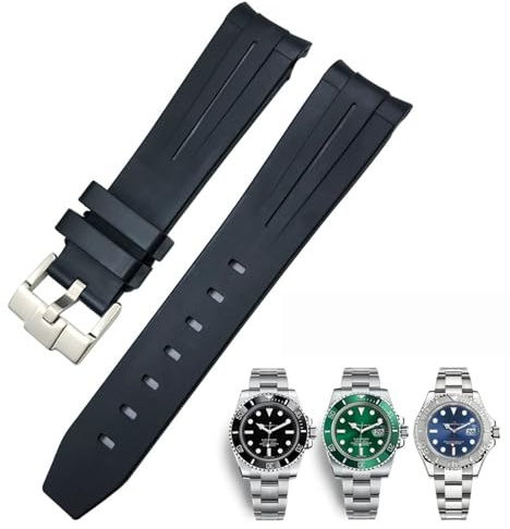 KDEGK 20mm 21mm 22mm gebogenes Ende Gummi-Silikon-Armband für Rolex Submariner Daytona wasserdichtes Uhrenarmband(Black,21mm)