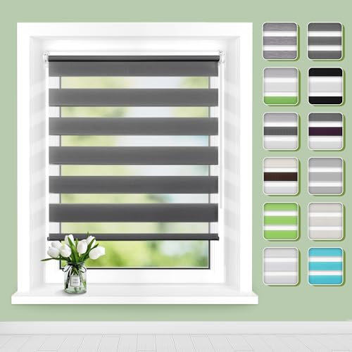 Doppelrollo Klemmfix ohne Bohren B90 x H200cm(Stoffbreite 86cm) Anthrazit, Rollos für Fenster ohne Bohren, Klemmrollos mit Lichtdurchlässig & Verdunkelnd, Seitenzugrollo Sonnenschutz Rollo