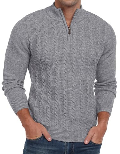 Hisir Mens Quarter Zip Jumper Cable Knit Crew-Neck Sweater Long Sleeve Jumpers Causal Pullover Winter for Men (Light Grey, L)