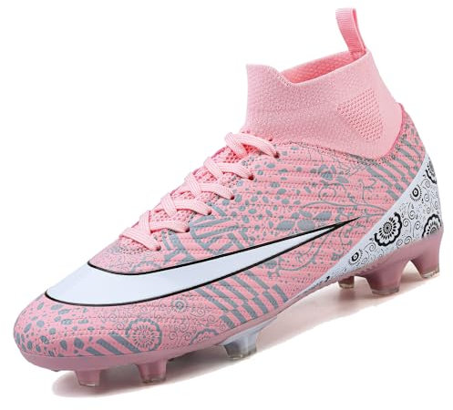 VTASQ Scarpe da Calcio Uomo High Top Spikes Tacchetti Professionale competizioni Scarpe da Allenamento Teenager Scarpe da Calcetto Prato Artificiale Rosa 44EU