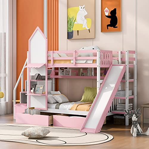 Tiiiopkvvv Lit superposé double style château avec 2 tiroirs, 3 étagères et toboggan, taille complète