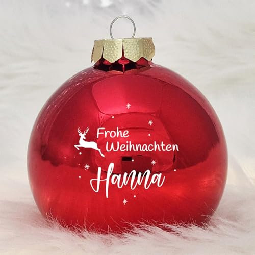 Personalisierte Weihnachtskugel aus Echtglas, 8 cm mit Deinem Namen & Wunschmotiv (01_Rot, Rentier)