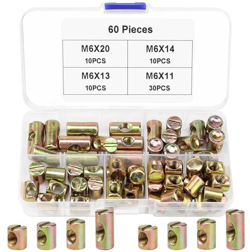Lot de 60 boulons transversaux M6 pour meubles, lits, chaises - 11 mm, 13 mm, 20 mm, 24 mm