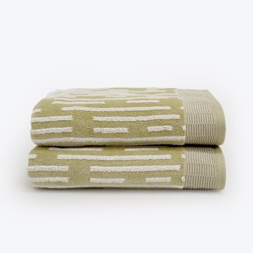 Allure Pack of 2 Barcode Stripe Bath Towels 70 x 125cm – Super Soft, Absorbent & Quick Dry Pop Up Zero Twist Striped Textured 100% Cotton Bathroom Towels (Sage Green)