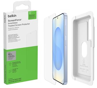 Belkin ScreenForce InvisiGlass Panzerglas für Samsung Galaxy S25 und S24, antimikrobielle kratzfeste Displayschutzfolie mit tablett für blasenfreies Anbringen - Recyceltes Glas