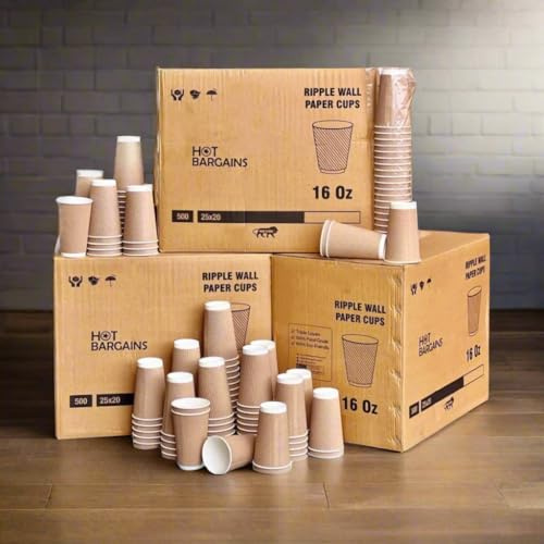 HOT BARGAINS Kraft Paper Coffee Cups 16oz/460ml, Pack of 1000, Triple Wall Insulated Hot Drink Cups (1000, 16oz)