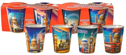 Bunte London-Souvenir-Schnapsgläser, 4er-Set mit ikonischen Sehenswürdigkeiten, Big Ben, Tower Bridge, London Eye, Geschenk für Reiseliebhaber und Sammler
