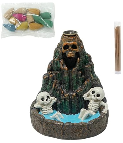 Brûleur d'encens à refoulement - En résine - Motif tête de mort - Fontaine de fumée gothique - 17,8 cm - Effet visuel d'Halloween - Pour détente, rituel, cérémonie, méditation, salon, yoga
