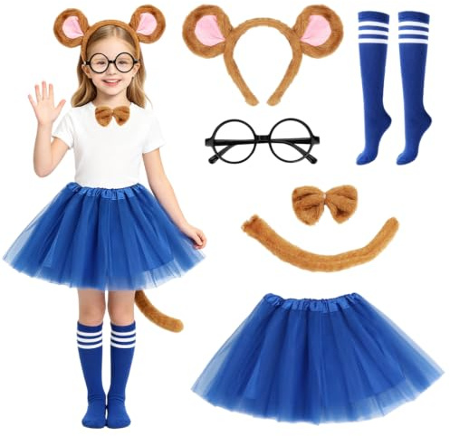 Chipmunks Kostüm Kinder, Streifenhörnchen Kostüm, Tüllrock mit Chipmunk Ohren Stirnband, Schwanz, Strümpfen, Fliege, Cap und Runder Brille, Tierkostüm für Kinder Mädchen Halloween, Karneval Cosplay