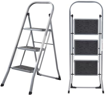 MasterWorx MasterWorks Step Ladder 3 Step, Safety Handle, Max Capacity | Heavy Duty Folding Steel Stepladder, Wide Anti-Slip Steps & Feet, Easy to Store, Home, Kitchen, Garage & DIY Use