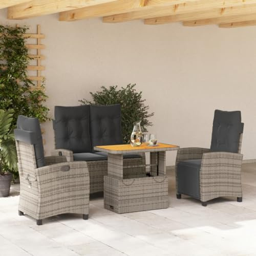 Bucmath 4-TLG. Garten-Essgruppe mit Kissen Grau, Poly Rattan, Verstellbarer Tisch & Relaxsessel, UV-beständig, für Terrasse & Balkon