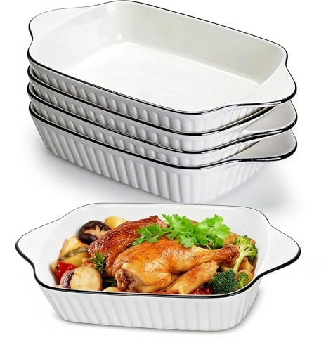 Casserole Dish, 27 x 15cm Ceramic Baking Dishes, Rectangular Lasagna Pan Deep with Handles for Baking, Oven Safe Bakeware for Roasting, Desserts, Durable & Giftable, White(4 PACK)