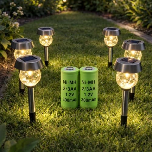 2 Stück LogiCell Wiederaufladbare 2/3AA NI-MH-Akku 300mAh, 1,2V für Solarprodukte, Solar Batterie, Solar-Leuchten/Lampen, Außen-Solarleuchten Solarlampen Mignon Batterie mit geringer Selbstentladung
